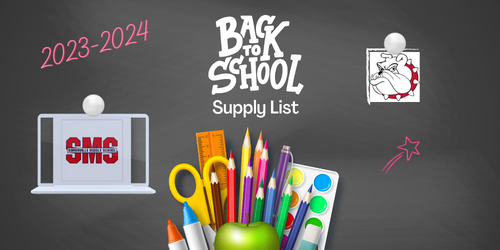Back to School Supply List, blackboard, colored pencils, scissors, ruler, markers
