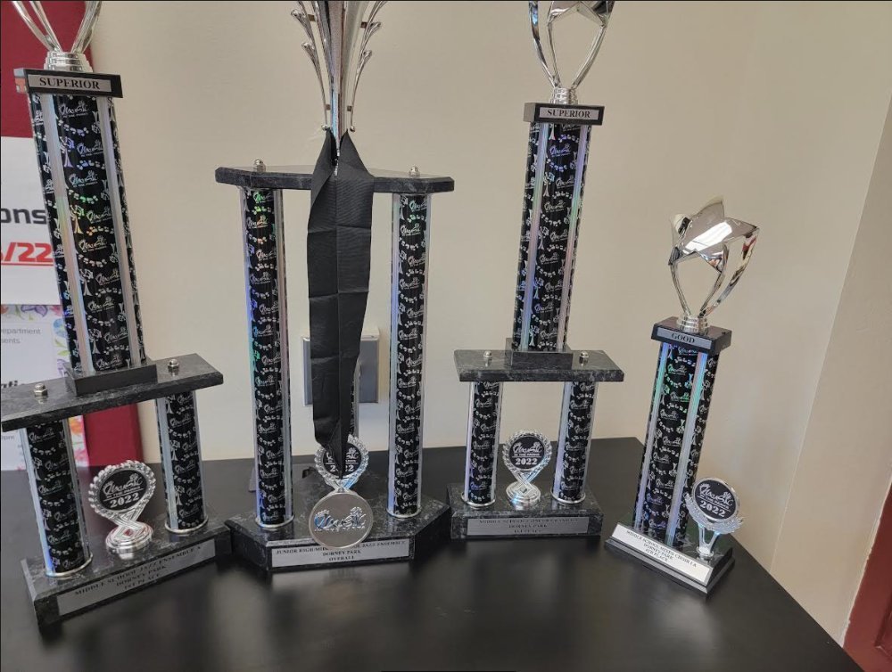 blue and silver trophies of varying heights