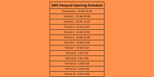 SMS Delayed opening Schedule Delayed Opening 10:30-10:38 10:38-10:58 11:00 -11:20 11:22-11:42 11:44-12:04 12:06-12:26 12:28-12:48 12:50-1:10 1:12-1:32 1:34-1:54 1:56-2:16 2:18-2:38 2:40-3:00 on orange background black print