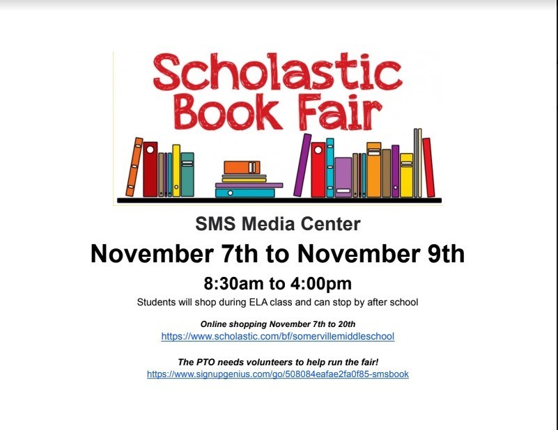 Scholastic Book Fair SMS Media Center 11/7-11/9 8:30-4:00pm books on a white  background