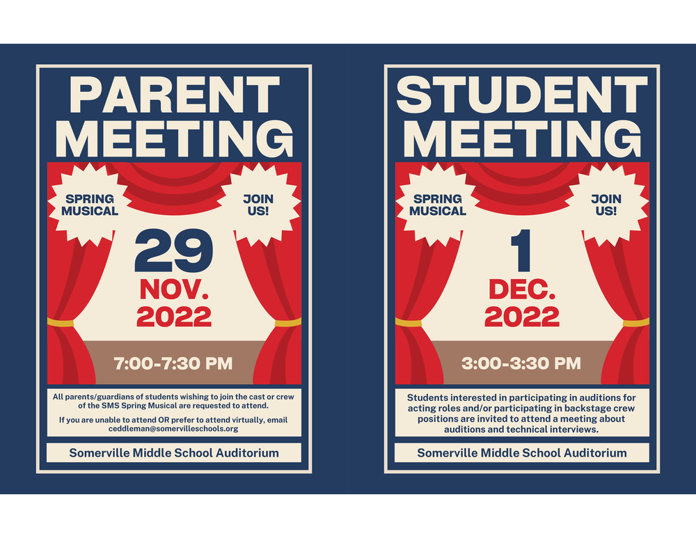 Parent Meeting 11-29-22 7-7:30  Student Meeting 12-1-22 3:00-3:30on blue red background for drama play