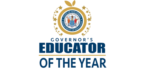 white back ground blue letters Govenor's Educator of the Year gold stars and medallian blue circle with white letters State of NJ Department of Education NJ Seal orange, red and blue