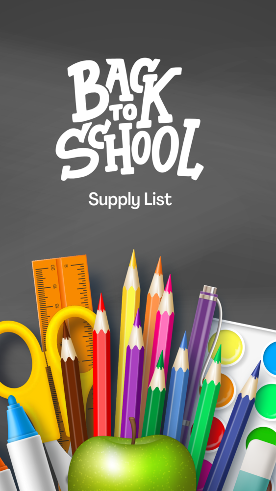 Back to School Supply List, blackboard, colored pencils, scissors, ruler, markers
