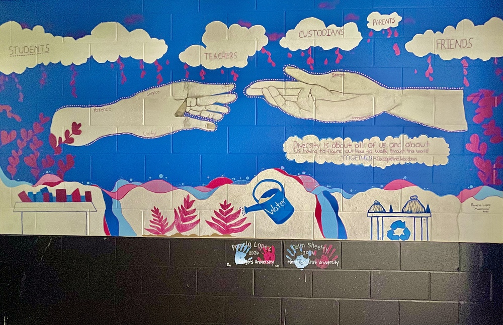 painting on a wall of two hands, clouds, and quotes