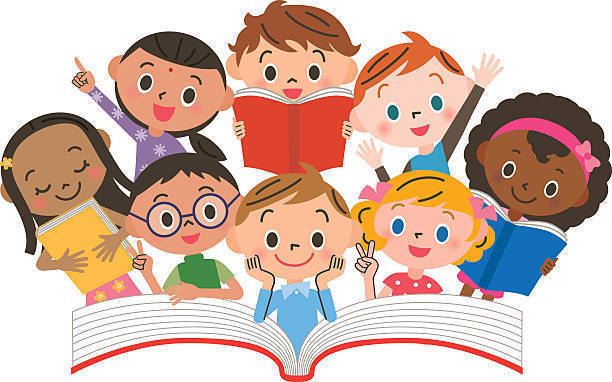 clipart Kids of various races smiling and posing above a big open book