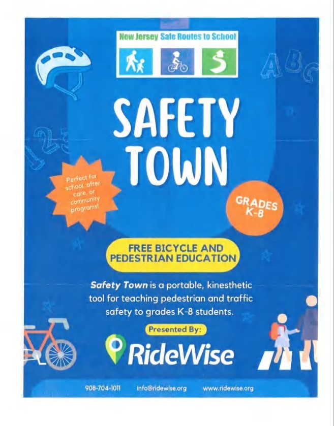 Safety Town Free Bicycle and Pedestrian Education Grades K-8 Safety Town is a portable Kinetic tool for teaching pedestrian and traffic safety to grades K-8 students prepared by Ride Wise Blue back bicycle helmet, writing in white and orange stars picture of pedestrians and bicycle