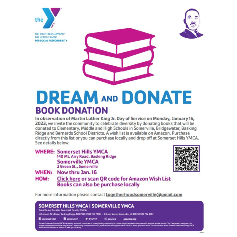 MLK image in purple Ymca image in blue and purple Dream and Donate blue Book donation pink books S