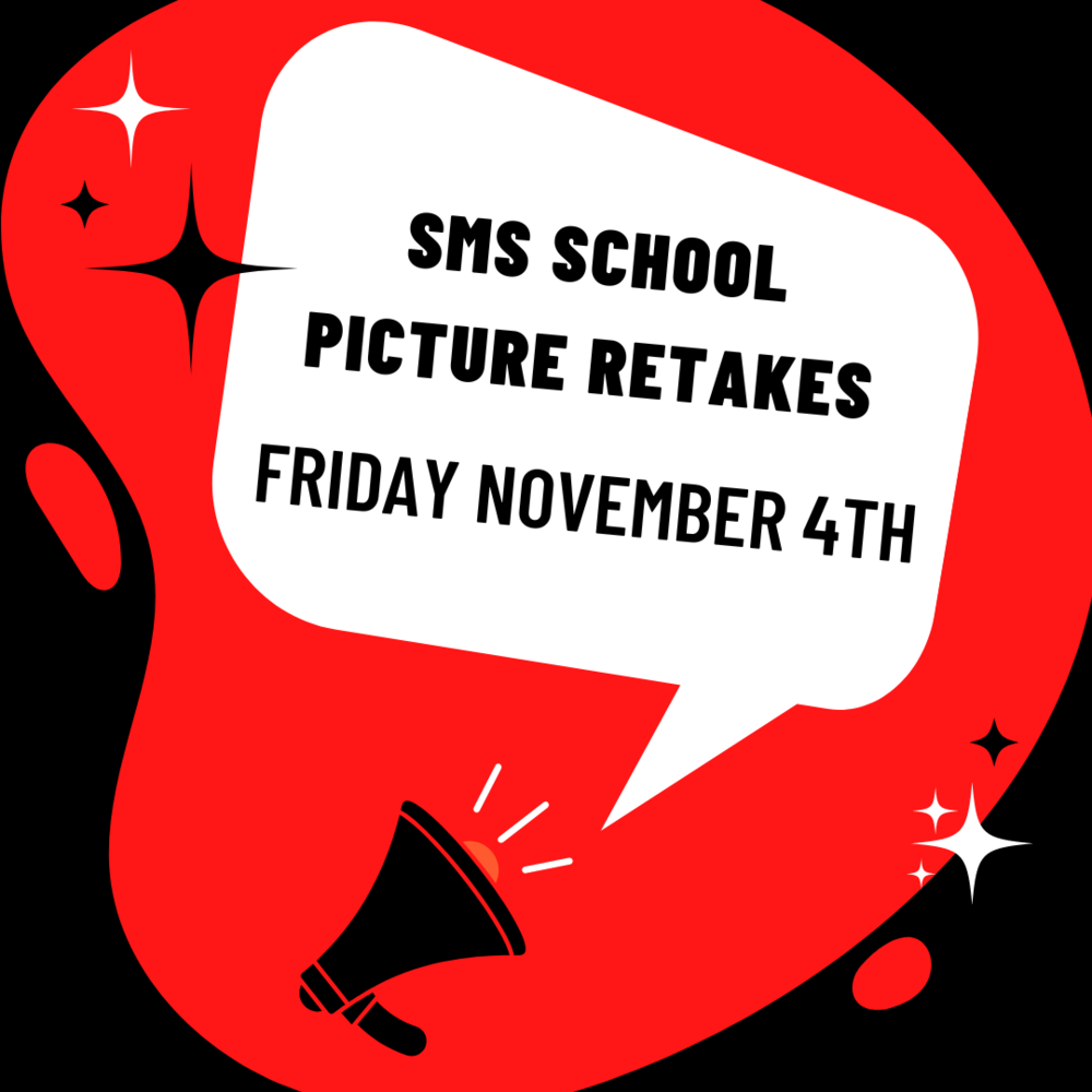 Red bubble black background with black megaphone and starts SMS School Picture Re