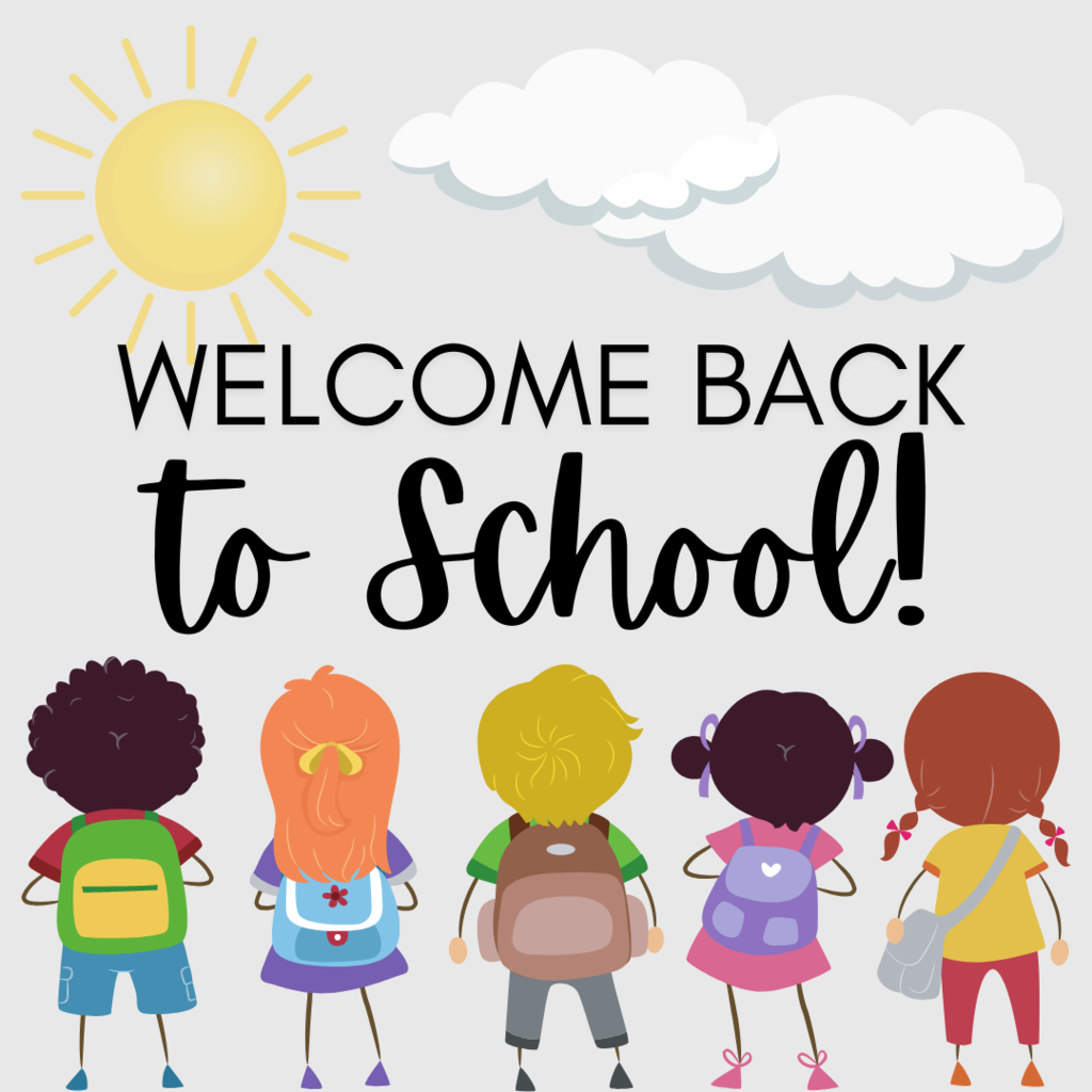 "Welcome back to school!" clipart kids with their backs