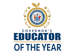 golden apple cipart with the seal of NJ state inside. Text- Governor's Educator of the year