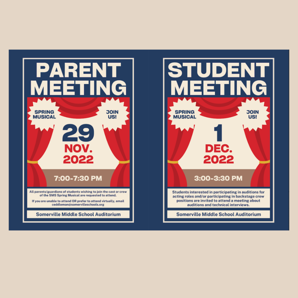 Parent student spring musical meeting 11-29 and 12-1 on blue background with red curtains