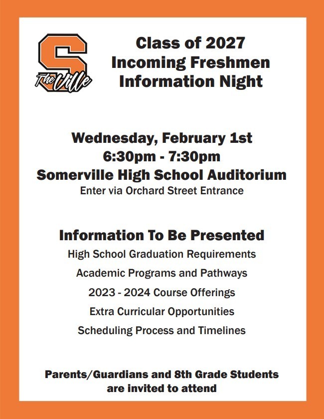 White background orange border and large S The Vill, Class of 2027 Incoming Freshmen Information Night