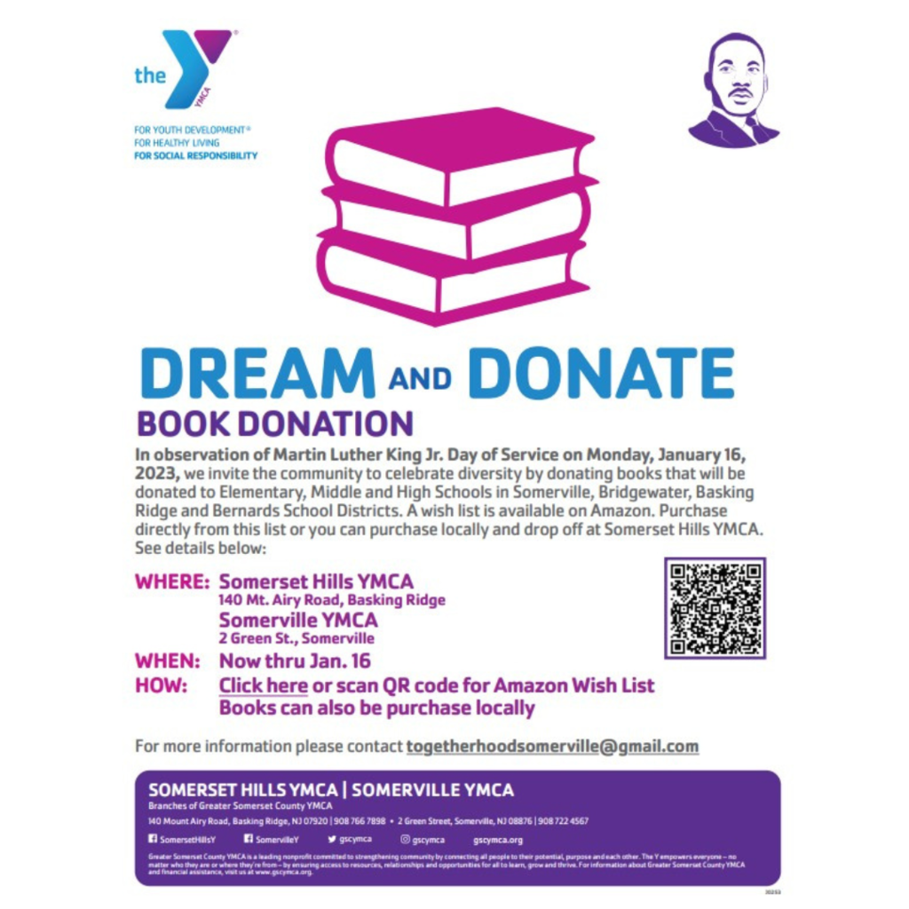 Dream and Donate Book Donation YMCA Pink, Purple Blue white background MLK figure