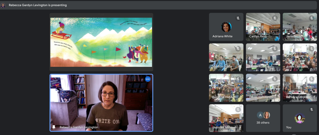 Screenshot of a google meet with a white female in the bottom box and a picture book on the top